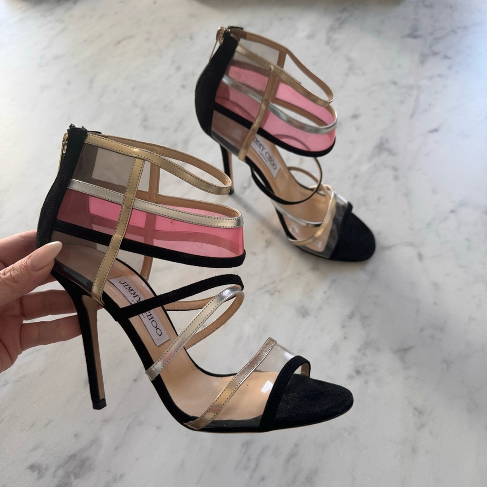 Jimmy Choo 38 MAI TAI in Black Suede Leather Strappy PVC Gold Silver Heels